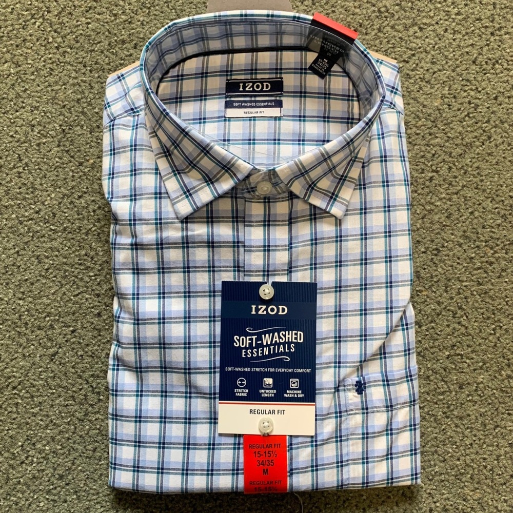 IZOD Mens Soft Washed Essentials Plaid Button Down Shirt Blue White M 15-15.5
